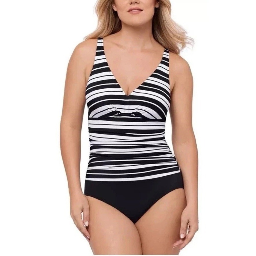 Mimi Flamenco Black White Striped Ruched Adjustable Strap One-Piece Swimsuit 8
